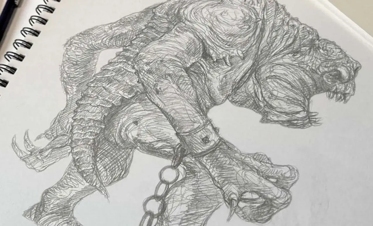 Bozza di disegno di un Rancor per la guida Star Wars Bestiary